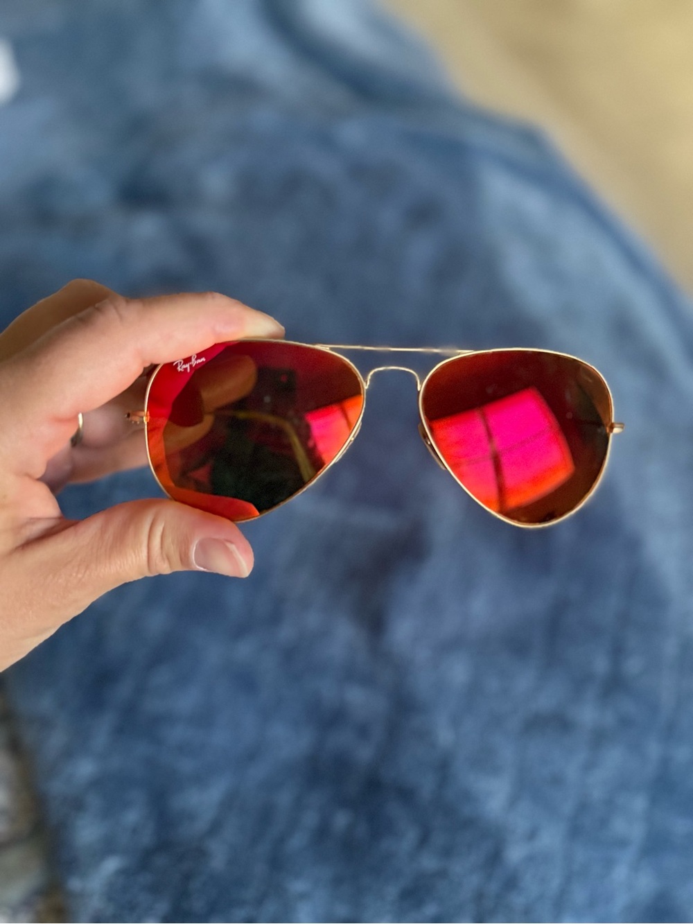 Ray-Ban Gold Frame Sunglasses with Red Mirror Lenses
